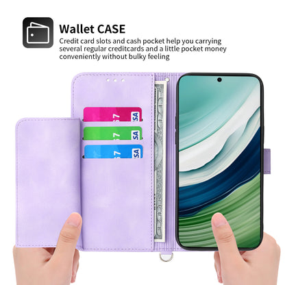For Huawei Mate 60 Stand Wallet Phone Case PU Leather Imprinted Flower Phone Cover with Wrist Strap + Shoulder Strap
