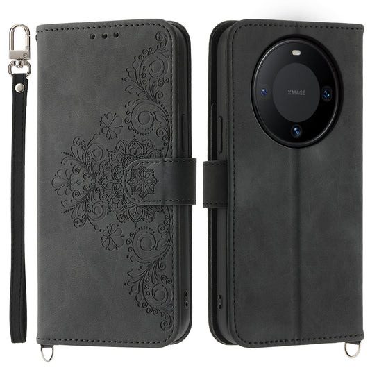 For Huawei Mate 60 Pro Phone Leather Case Imprinted Flower Stand Wallet Cover with Wrist Strap + Shoulder Strap