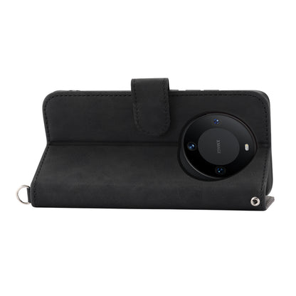 For Huawei Mate 60 Pro Phone Leather Case Imprinted Flower Stand Wallet Cover with Wrist Strap + Shoulder Strap