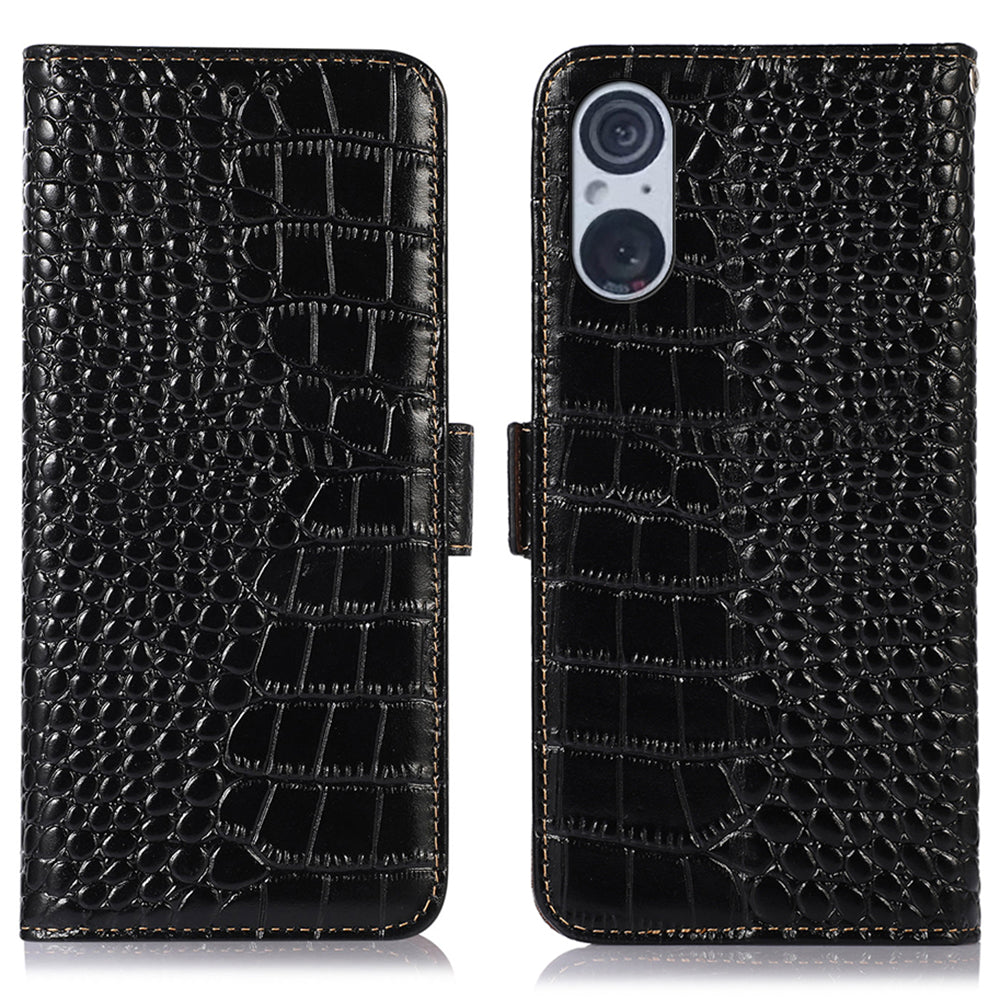 RFID Blocking Wallet Case for Sony Xperia 5 V Genuine Cow Leather Flip Stand Phone Cover