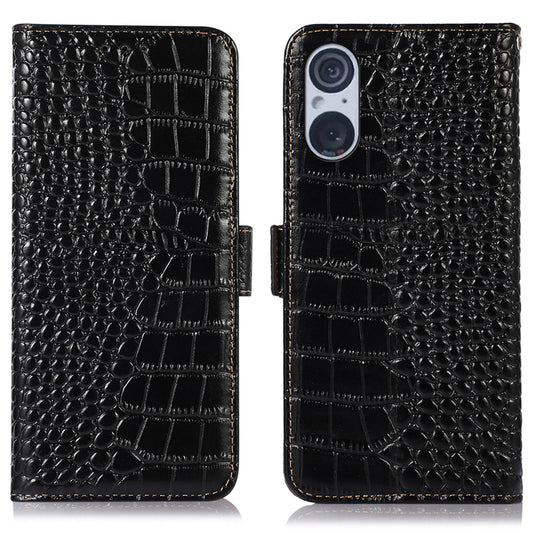 RFID Blocking Wallet Case for Sony Xperia 5 V Genuine Cow Leather Flip Stand Phone Cover