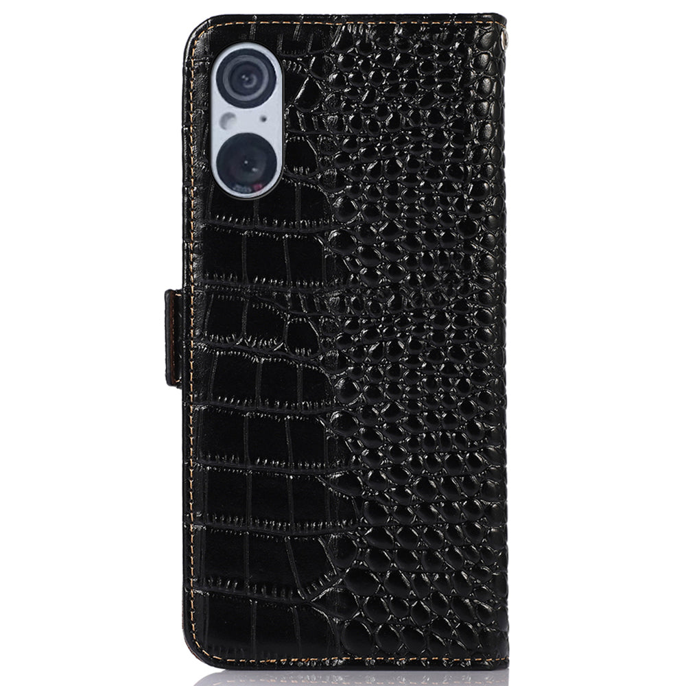 RFID Blocking Wallet Case for Sony Xperia 5 V Genuine Cow Leather Flip Stand Phone Cover