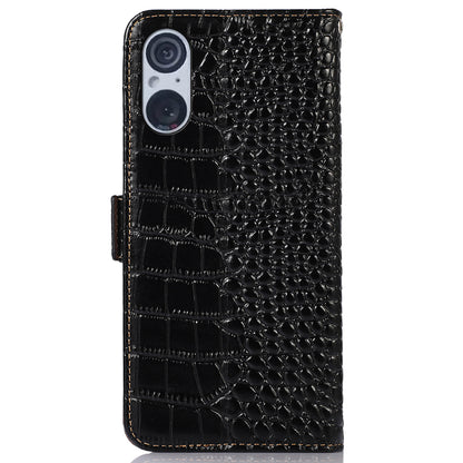 RFID Blocking Wallet Case for Sony Xperia 5 V Genuine Cow Leather Flip Stand Phone Cover