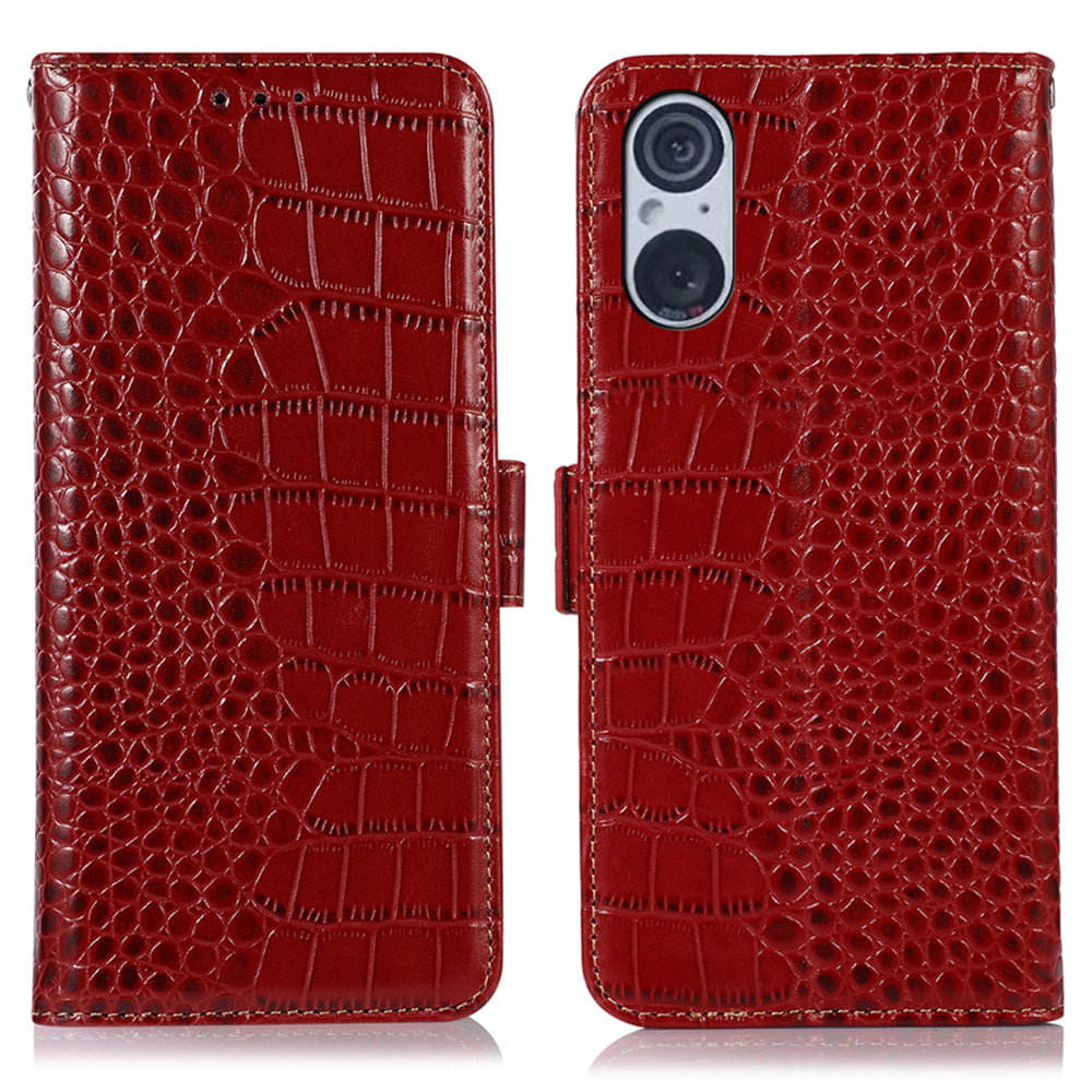 RFID Blocking Wallet Case for Sony Xperia 5 V Genuine Cow Leather Flip Stand Phone Cover