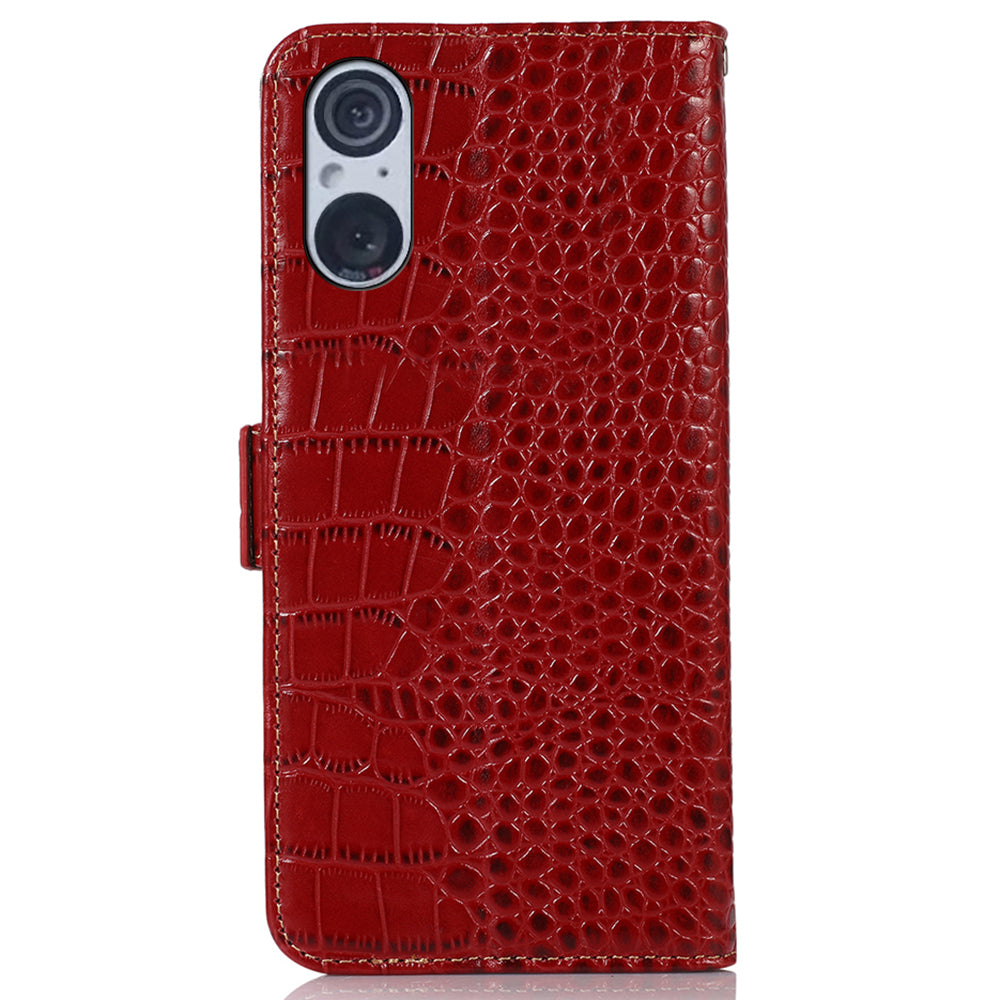 RFID Blocking Wallet Case for Sony Xperia 5 V Genuine Cow Leather Flip Stand Phone Cover