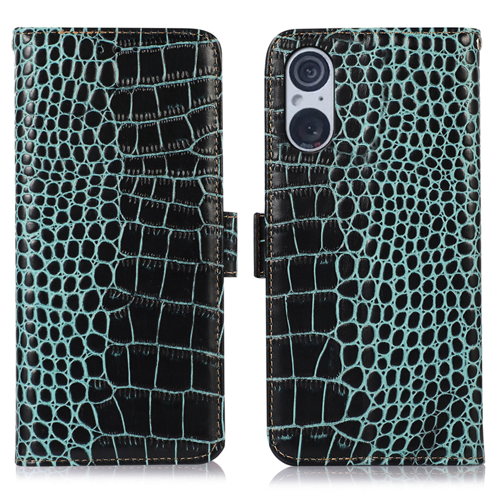RFID Blocking Wallet Case for Sony Xperia 5 V Genuine Cow Leather Flip Stand Phone Cover