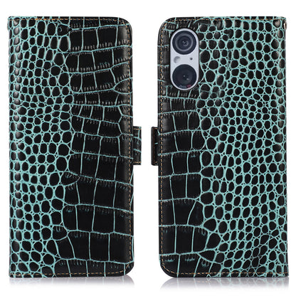 RFID Blocking Wallet Case for Sony Xperia 5 V Genuine Cow Leather Flip Stand Phone Cover