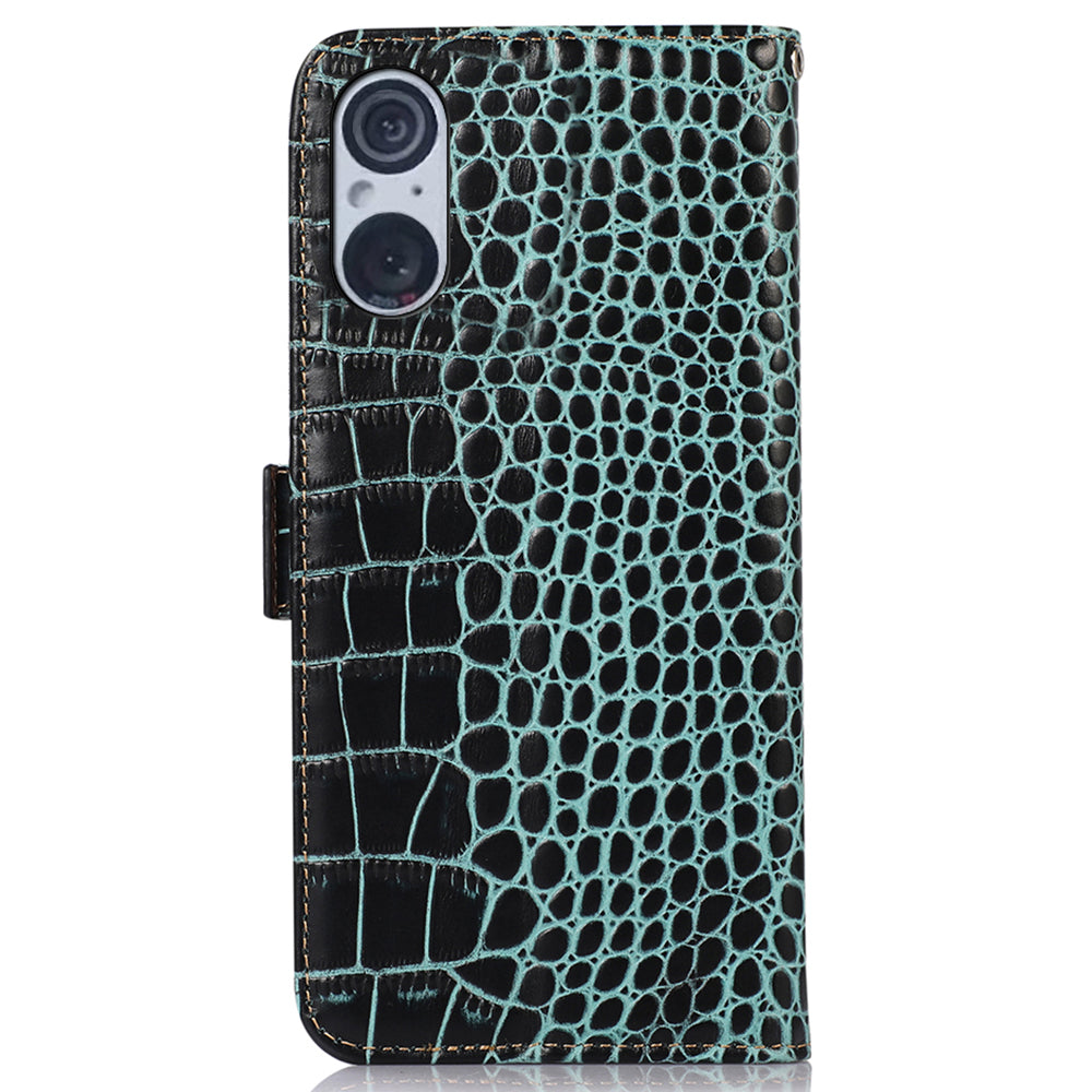 RFID Blocking Wallet Case for Sony Xperia 5 V Genuine Cow Leather Flip Stand Phone Cover