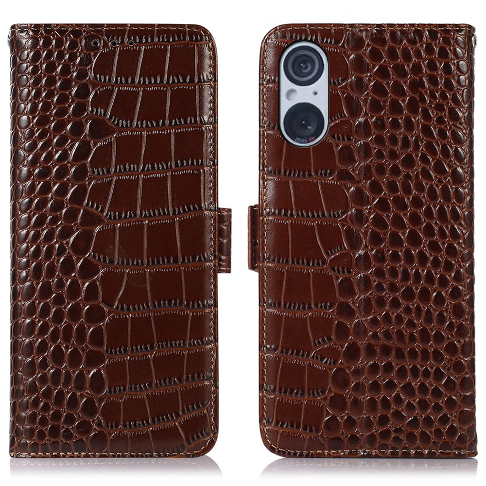RFID Blocking Wallet Case for Sony Xperia 5 V Genuine Cow Leather Flip Stand Phone Cover