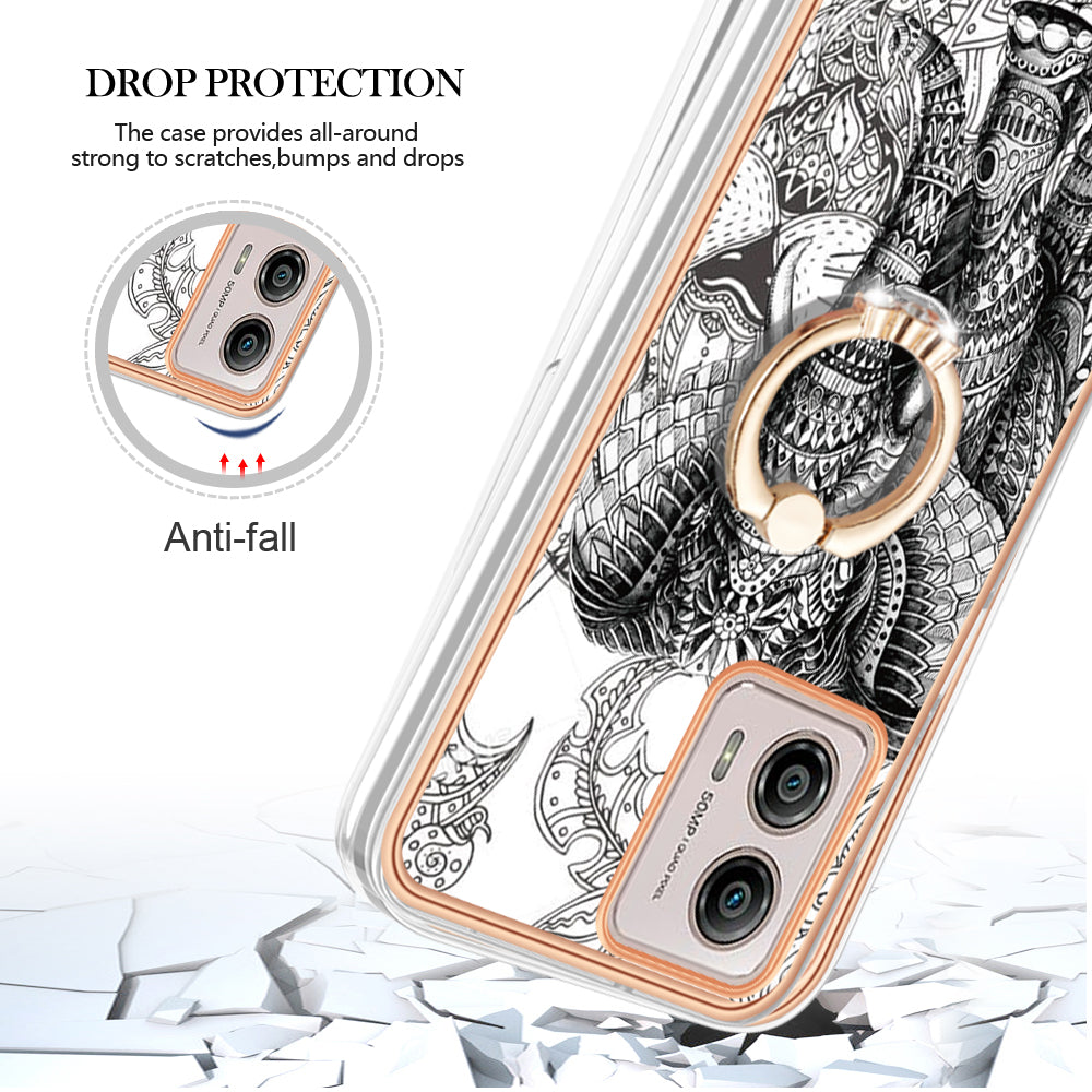 YB IMD Series-20 Style D 2.0mm TPU Electroplated Case for Motorola Moto G53 5G / G23 4G / G13 4G , Ring Kickstand IMD Phone Cover