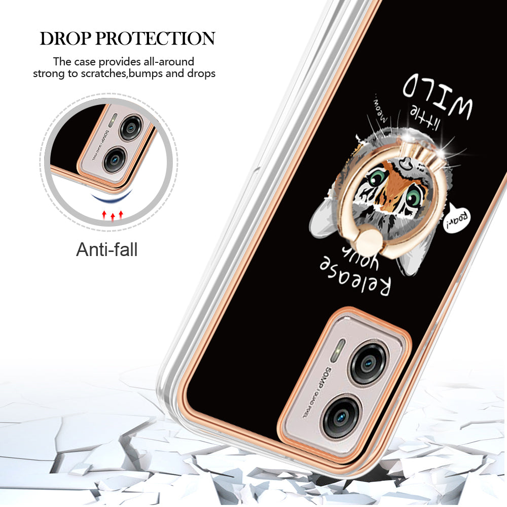 YB IMD Series-20 Style D 2.0mm TPU Electroplated Case for Motorola Moto G53 5G / G23 4G / G13 4G , Ring Kickstand IMD Phone Cover