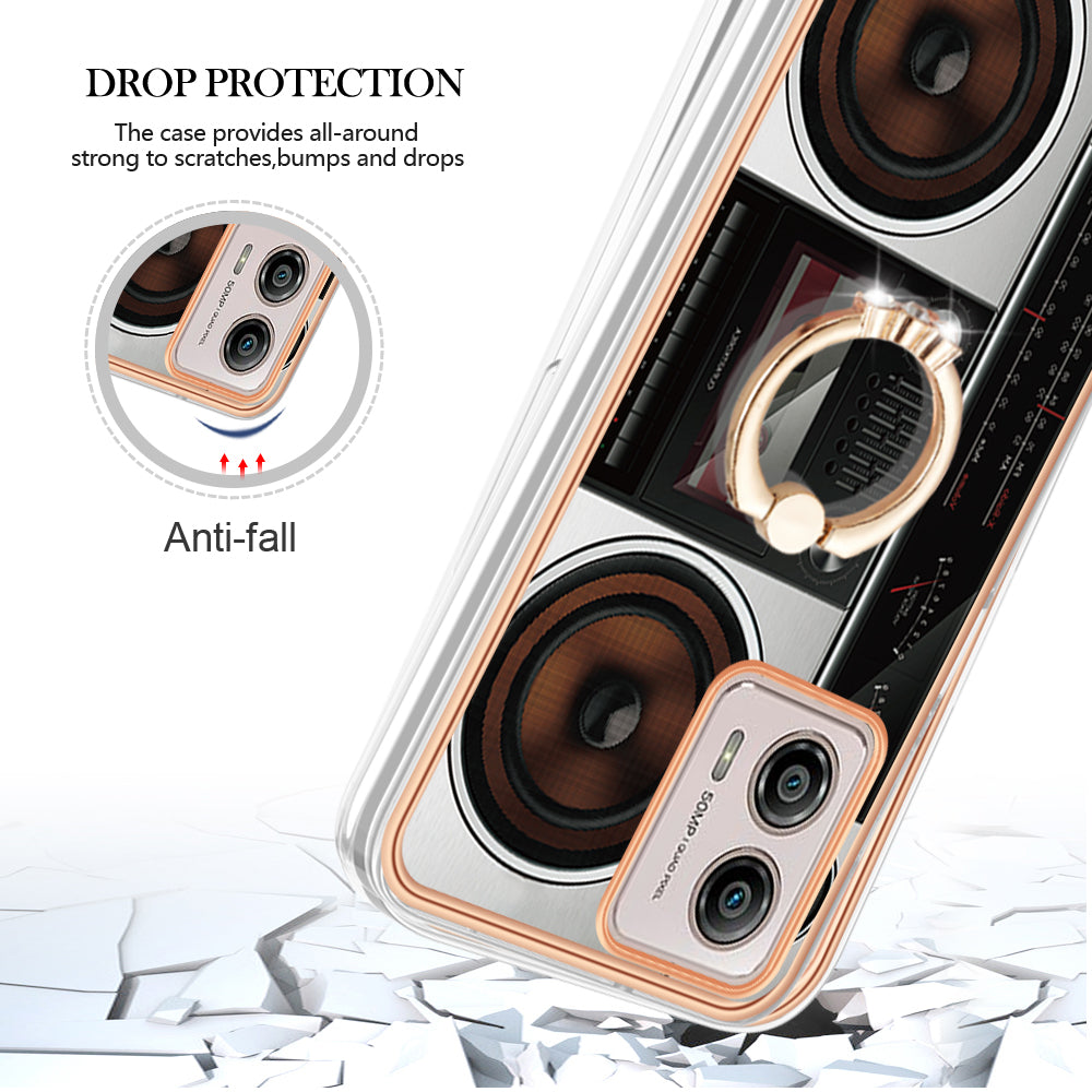 YB IMD Series-20 Style D 2.0mm TPU Electroplated Case for Motorola Moto G53 5G / G23 4G / G13 4G , Ring Kickstand IMD Phone Cover