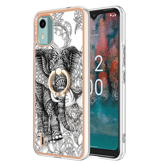 YB IMD Series-20 Style D For Nokia C12 4G / C12 Plus / C12 Pro Ring Kickstand Phone Case 2.0mm TPU Electroplated Edge IMD Cover