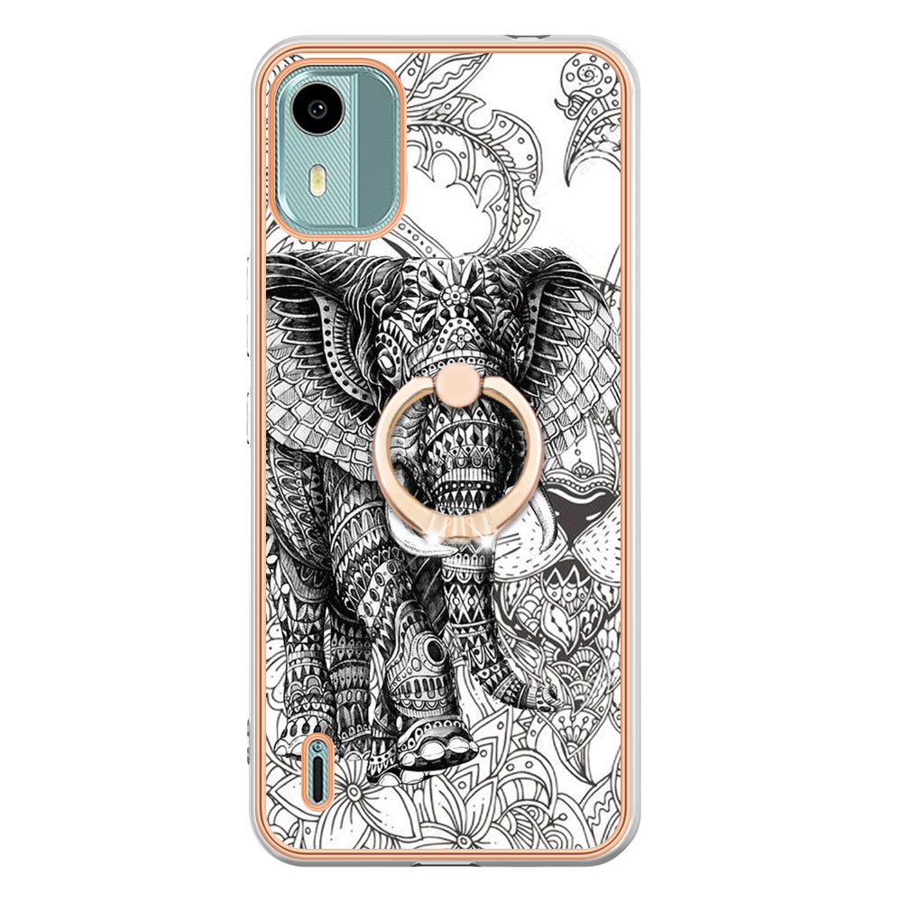 YB IMD Series-20 Style D For Nokia C12 4G / C12 Plus / C12 Pro Ring Kickstand Phone Case 2.0mm TPU Electroplated Edge IMD Cover