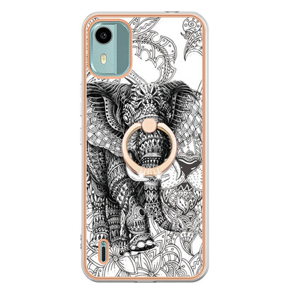 YB IMD Series-20 Style D For Nokia C12 4G / C12 Plus / C12 Pro Ring Kickstand Phone Case 2.0mm TPU Electroplated Edge IMD Cover