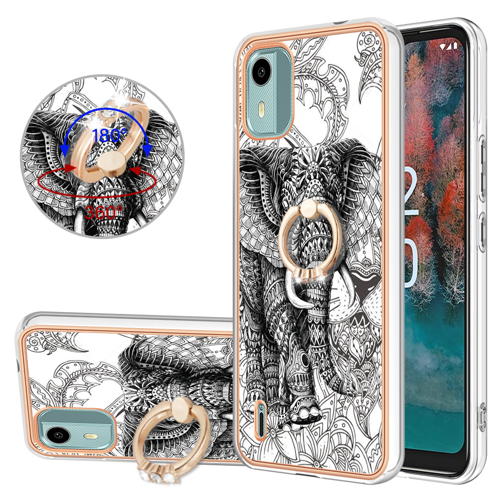 YB IMD Series-20 Style D For Nokia C12 4G / C12 Plus / C12 Pro Ring Kickstand Phone Case 2.0mm TPU Electroplated Edge IMD Cover
