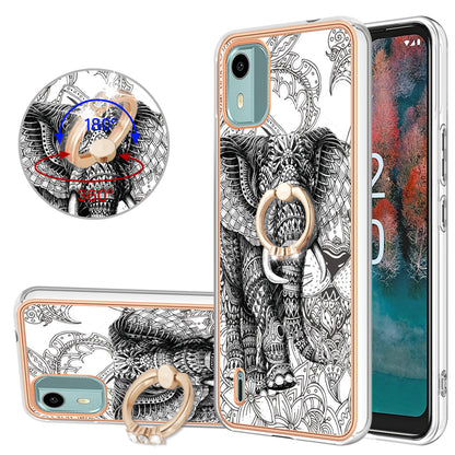 YB IMD Series-20 Style D For Nokia C12 4G / C12 Plus / C12 Pro Ring Kickstand Phone Case 2.0mm TPU Electroplated Edge IMD Cover