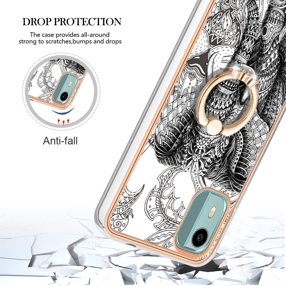 YB IMD Series-20 Style D For Nokia C12 4G / C12 Plus / C12 Pro Ring Kickstand Phone Case 2.0mm TPU Electroplated Edge IMD Cover