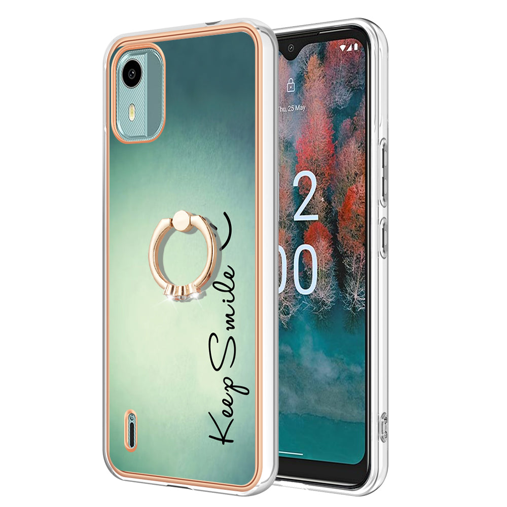 YB IMD Series-20 Style D For Nokia C12 4G / C12 Plus / C12 Pro Ring Kickstand Phone Case 2.0mm TPU Electroplated Edge IMD Cover