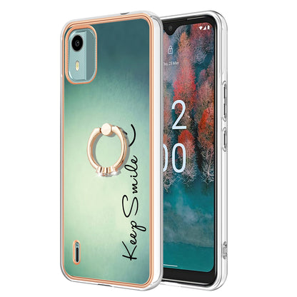 YB IMD Series-20 Style D For Nokia C12 4G / C12 Plus / C12 Pro Ring Kickstand Phone Case 2.0mm TPU Electroplated Edge IMD Cover