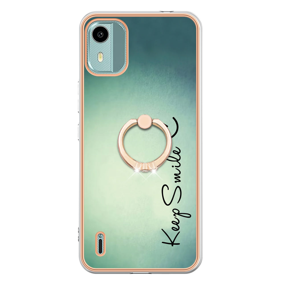 YB IMD Series-20 Style D For Nokia C12 4G / C12 Plus / C12 Pro Ring Kickstand Phone Case 2.0mm TPU Electroplated Edge IMD Cover