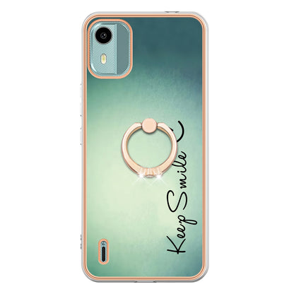 YB IMD Series-20 Style D For Nokia C12 4G / C12 Plus / C12 Pro Ring Kickstand Phone Case 2.0mm TPU Electroplated Edge IMD Cover