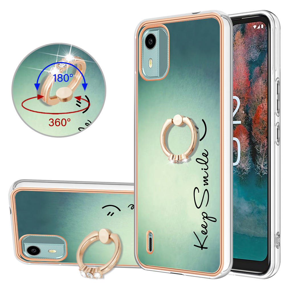 YB IMD Series-20 Style D For Nokia C12 4G / C12 Plus / C12 Pro Ring Kickstand Phone Case 2.0mm TPU Electroplated Edge IMD Cover