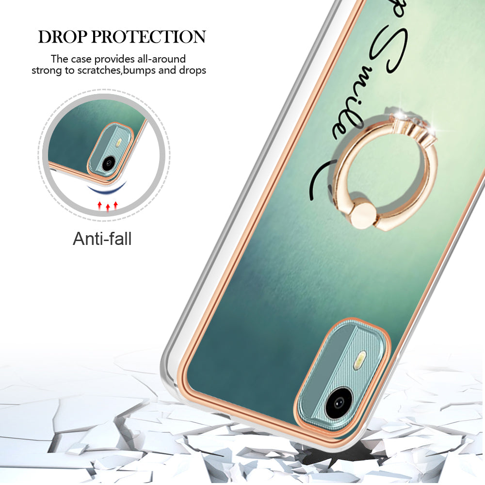 YB IMD Series-20 Style D For Nokia C12 4G / C12 Plus / C12 Pro Ring Kickstand Phone Case 2.0mm TPU Electroplated Edge IMD Cover