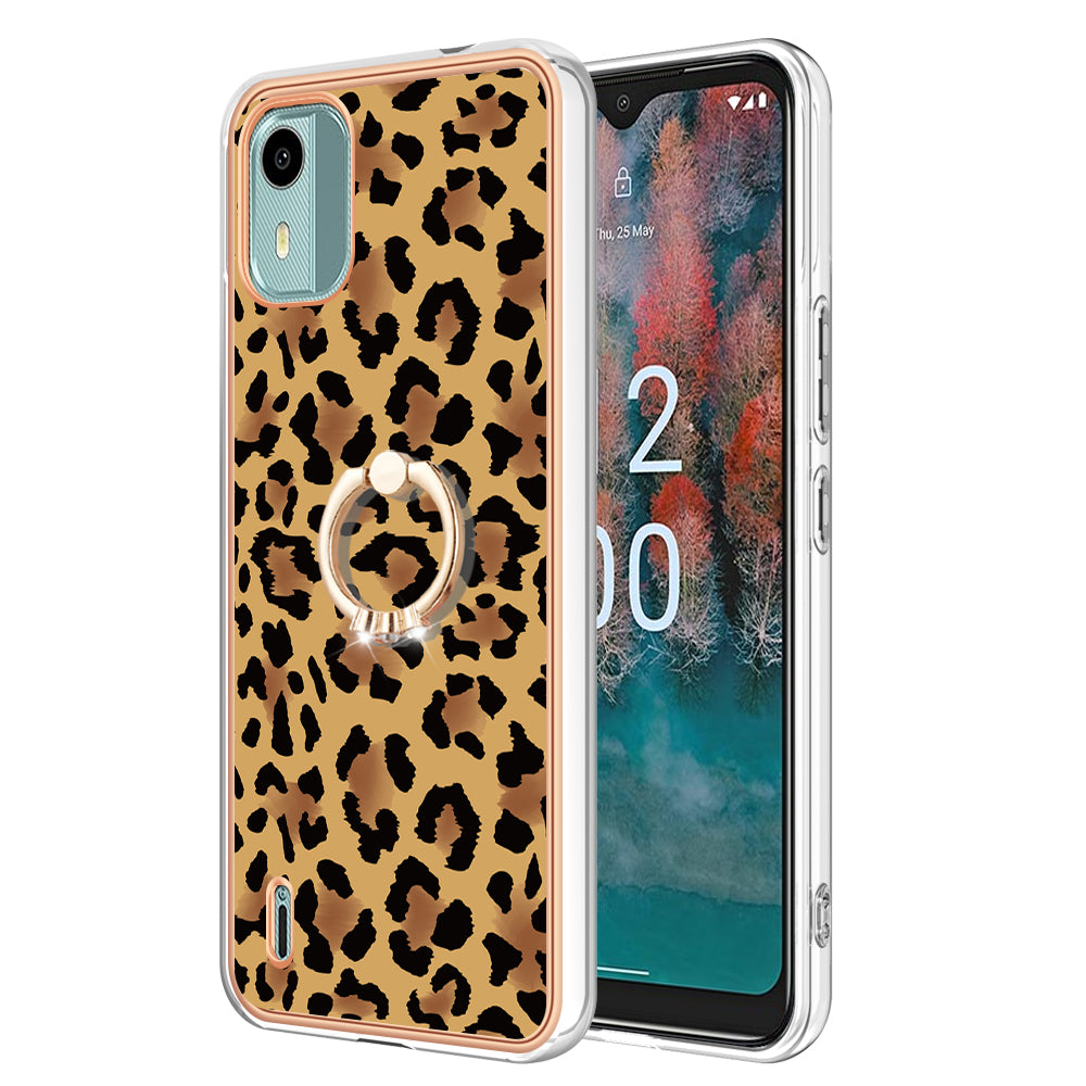 YB IMD Series-20 Style D For Nokia C12 4G / C12 Plus / C12 Pro Ring Kickstand Phone Case 2.0mm TPU Electroplated Edge IMD Cover