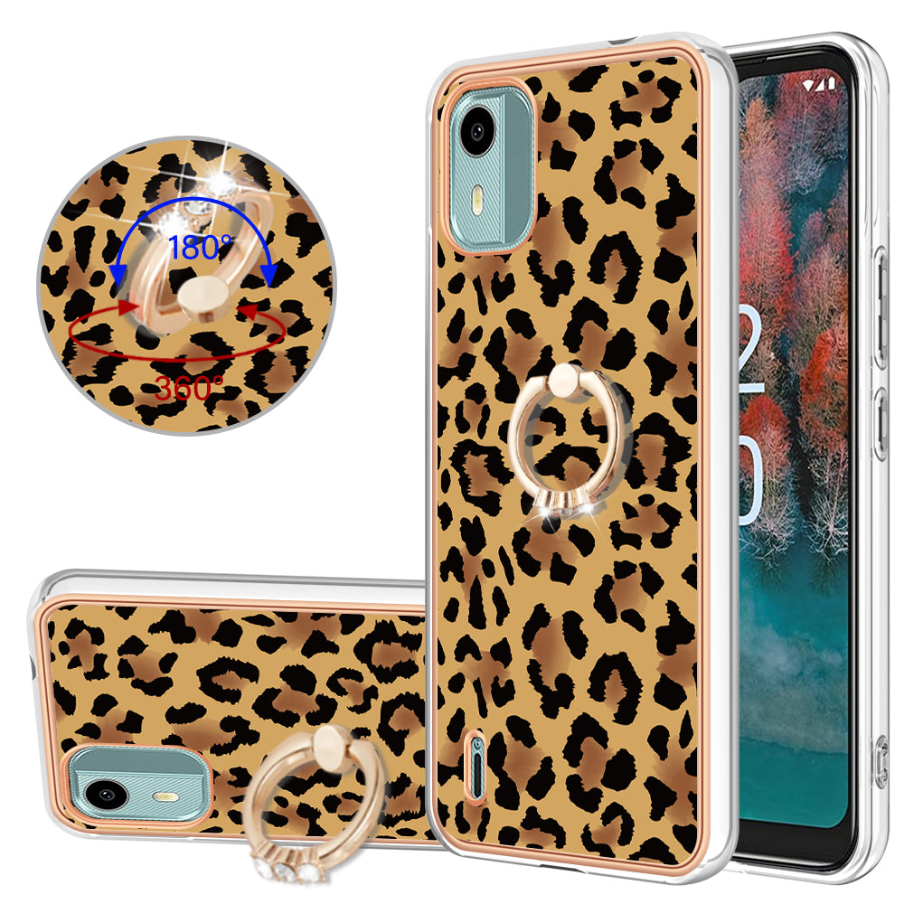 YB IMD Series-20 Style D For Nokia C12 4G / C12 Plus / C12 Pro Ring Kickstand Phone Case 2.0mm TPU Electroplated Edge IMD Cover