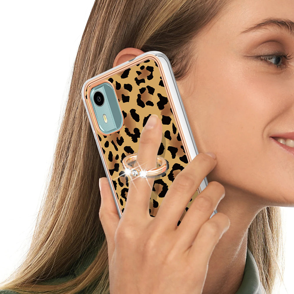 YB IMD Series-20 Style D For Nokia C12 4G / C12 Plus / C12 Pro Ring Kickstand Phone Case 2.0mm TPU Electroplated Edge IMD Cover
