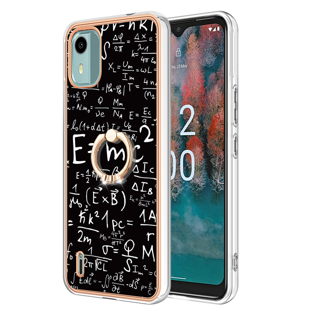 YB IMD Series-20 Style D For Nokia C12 4G / C12 Plus / C12 Pro Ring Kickstand Phone Case 2.0mm TPU Electroplated Edge IMD Cover