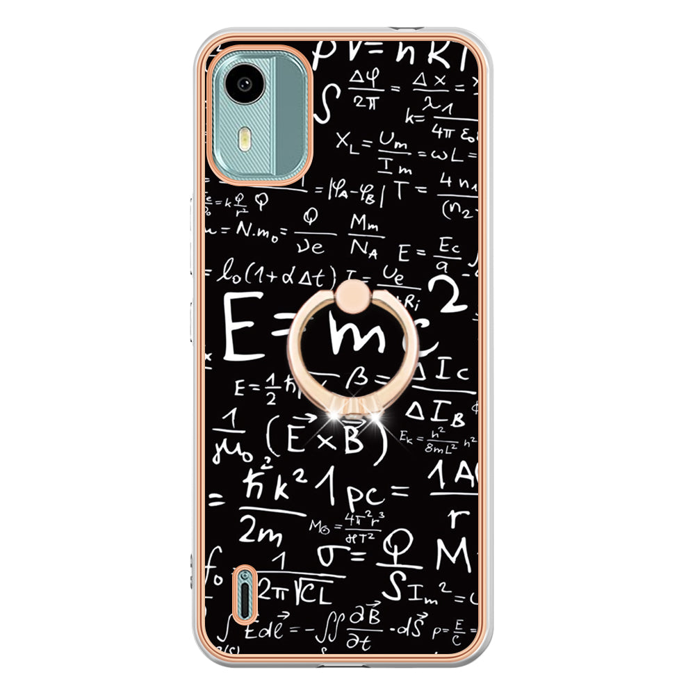 YB IMD Series-20 Style D For Nokia C12 4G / C12 Plus / C12 Pro Ring Kickstand Phone Case 2.0mm TPU Electroplated Edge IMD Cover