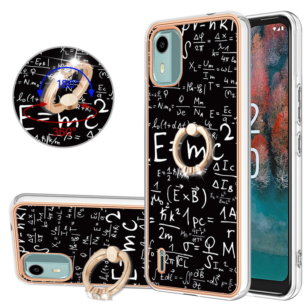 YB IMD Series-20 Style D For Nokia C12 4G / C12 Plus / C12 Pro Ring Kickstand Phone Case 2.0mm TPU Electroplated Edge IMD Cover