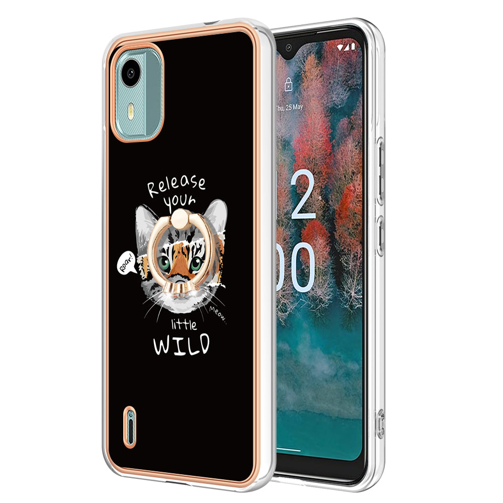 YB IMD Series-20 Style D For Nokia C12 4G / C12 Plus / C12 Pro Ring Kickstand Phone Case 2.0mm TPU Electroplated Edge IMD Cover