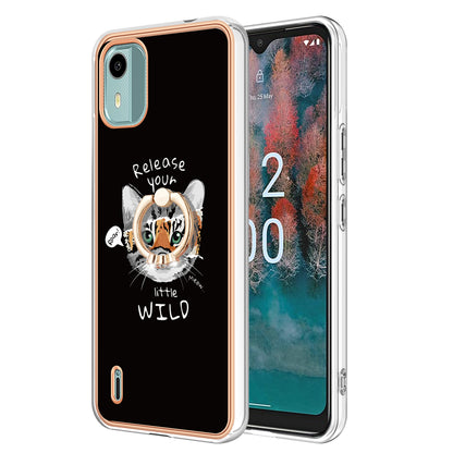 YB IMD Series-20 Style D For Nokia C12 4G / C12 Plus / C12 Pro Ring Kickstand Phone Case 2.0mm TPU Electroplated Edge IMD Cover