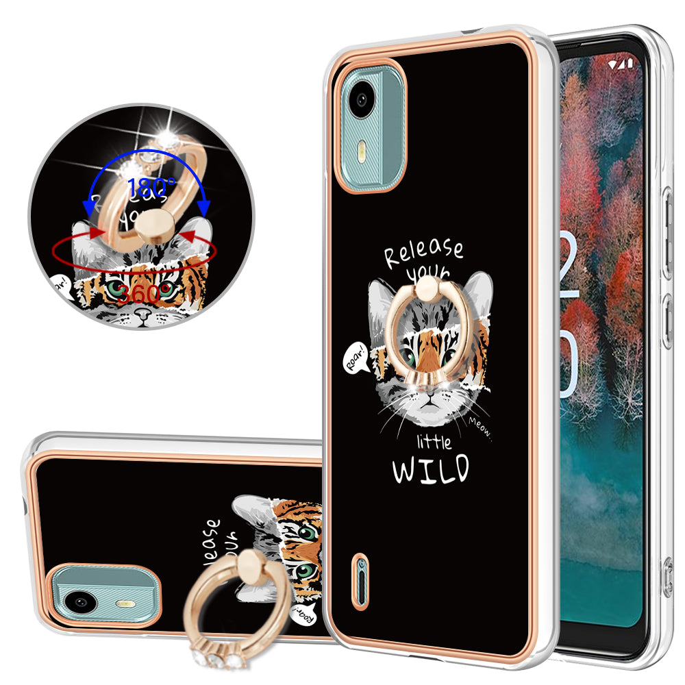 YB IMD Series-20 Style D For Nokia C12 4G / C12 Plus / C12 Pro Ring Kickstand Phone Case 2.0mm TPU Electroplated Edge IMD Cover