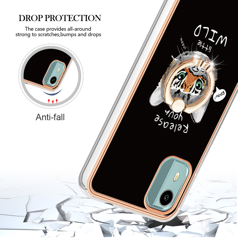 YB IMD Series-20 Style D For Nokia C12 4G / C12 Plus / C12 Pro Ring Kickstand Phone Case 2.0mm TPU Electroplated Edge IMD Cover