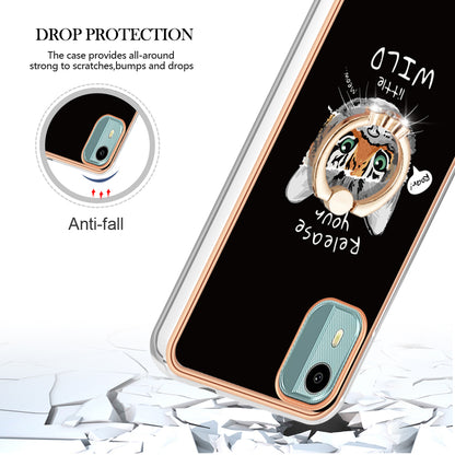 YB IMD Series-20 Style D For Nokia C12 4G / C12 Plus / C12 Pro Ring Kickstand Phone Case 2.0mm TPU Electroplated Edge IMD Cover