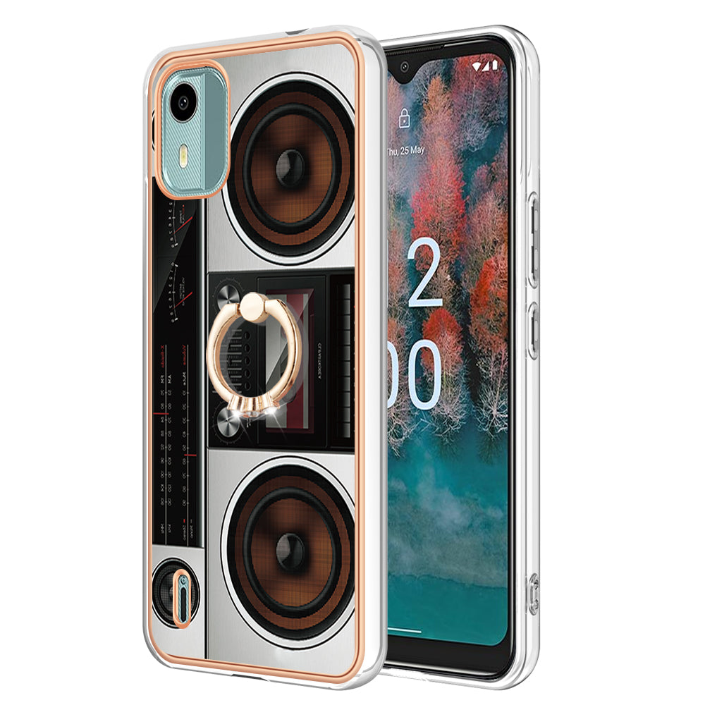 YB IMD Series-20 Style D For Nokia C12 4G / C12 Plus / C12 Pro Ring Kickstand Phone Case 2.0mm TPU Electroplated Edge IMD Cover