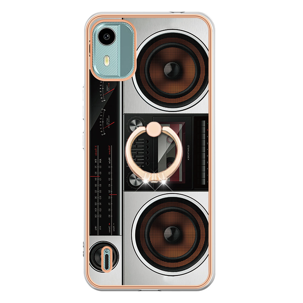 YB IMD Series-20 Style D For Nokia C12 4G / C12 Plus / C12 Pro Ring Kickstand Phone Case 2.0mm TPU Electroplated Edge IMD Cover