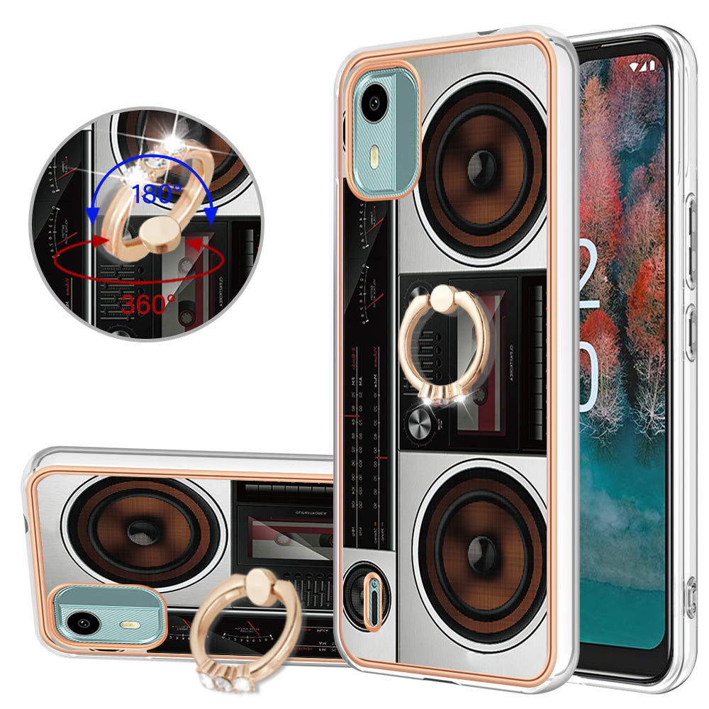 YB IMD Series-20 Style D For Nokia C12 4G / C12 Plus / C12 Pro Ring Kickstand Phone Case 2.0mm TPU Electroplated Edge IMD Cover