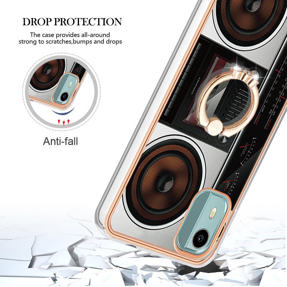 YB IMD Series-20 Style D For Nokia C12 4G / C12 Plus / C12 Pro Ring Kickstand Phone Case 2.0mm TPU Electroplated Edge IMD Cover