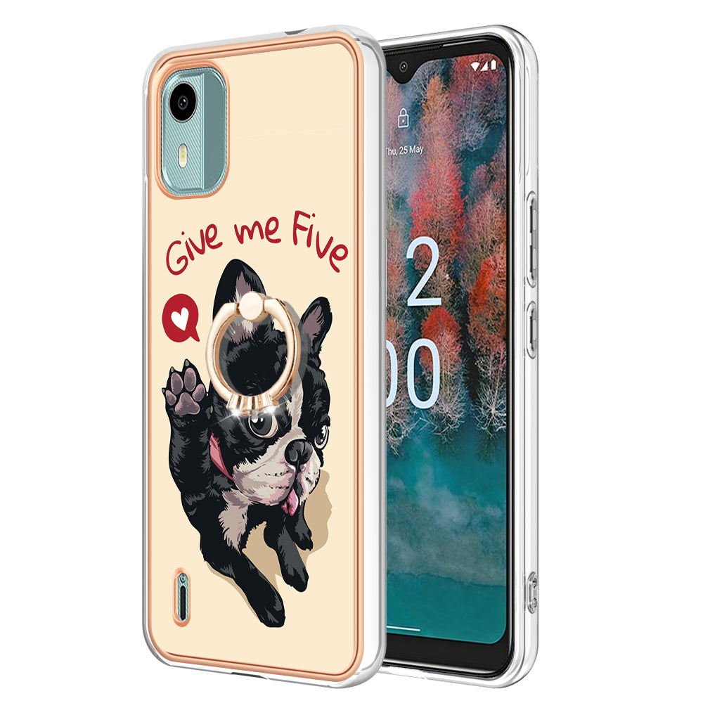 YB IMD Series-20 Style D For Nokia C12 4G / C12 Plus / C12 Pro Ring Kickstand Phone Case 2.0mm TPU Electroplated Edge IMD Cover