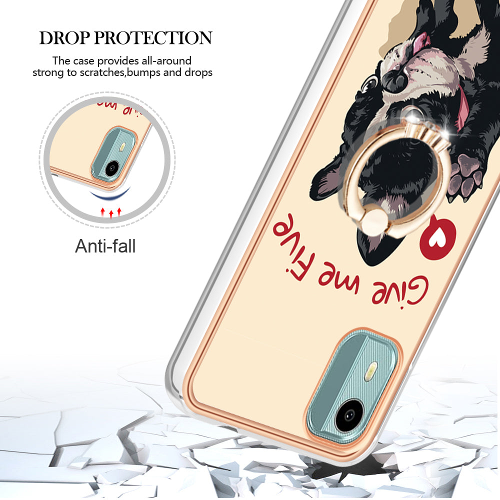 YB IMD Series-20 Style D For Nokia C12 4G / C12 Plus / C12 Pro Ring Kickstand Phone Case 2.0mm TPU Electroplated Edge IMD Cover