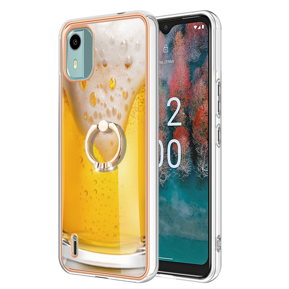 YB IMD Series-20 Style D For Nokia C12 4G / C12 Plus / C12 Pro Ring Kickstand Phone Case 2.0mm TPU Electroplated Edge IMD Cover