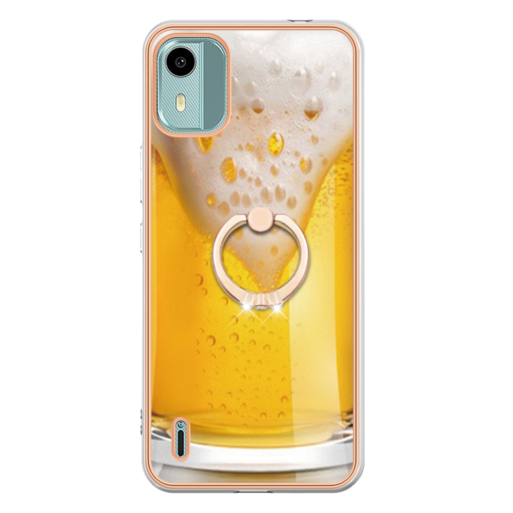 YB IMD Series-20 Style D For Nokia C12 4G / C12 Plus / C12 Pro Ring Kickstand Phone Case 2.0mm TPU Electroplated Edge IMD Cover