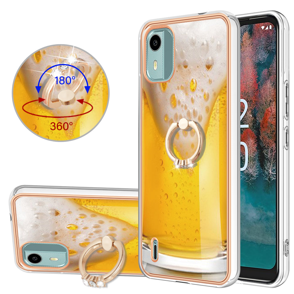 YB IMD Series-20 Style D For Nokia C12 4G / C12 Plus / C12 Pro Ring Kickstand Phone Case 2.0mm TPU Electroplated Edge IMD Cover