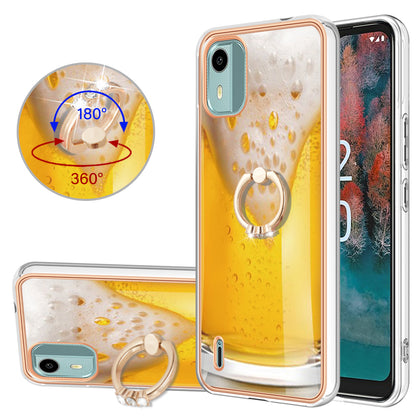 YB IMD Series-20 Style D For Nokia C12 4G / C12 Plus / C12 Pro Ring Kickstand Phone Case 2.0mm TPU Electroplated Edge IMD Cover