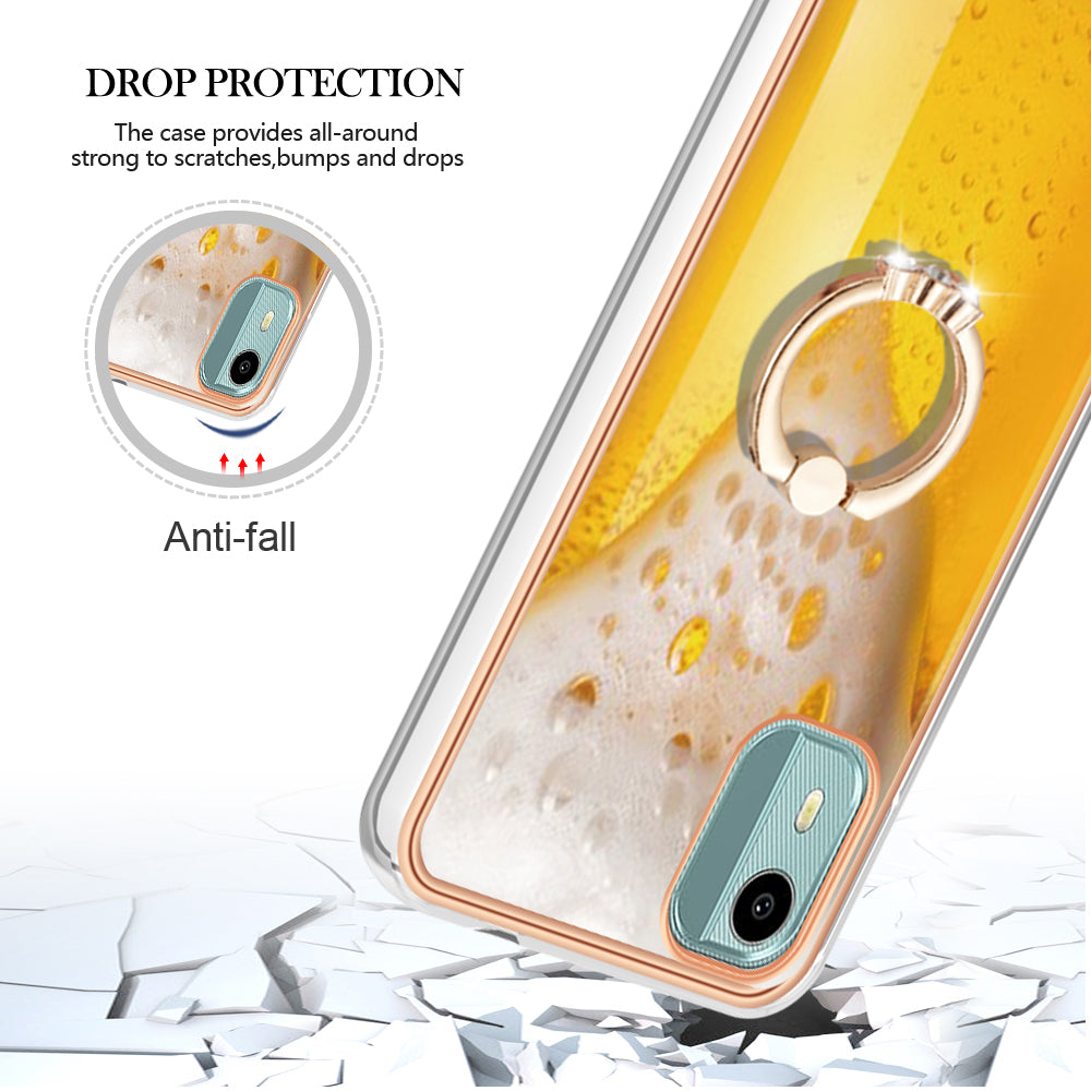 YB IMD Series-20 Style D For Nokia C12 4G / C12 Plus / C12 Pro Ring Kickstand Phone Case 2.0mm TPU Electroplated Edge IMD Cover